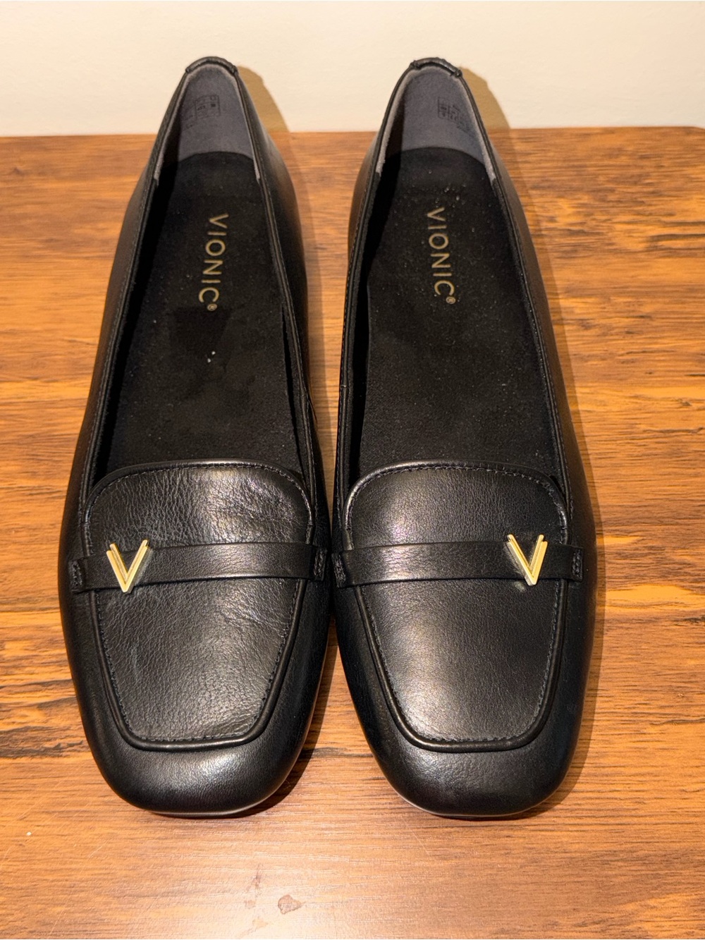 Vionic Black Leather Loafers with Gold V Accent